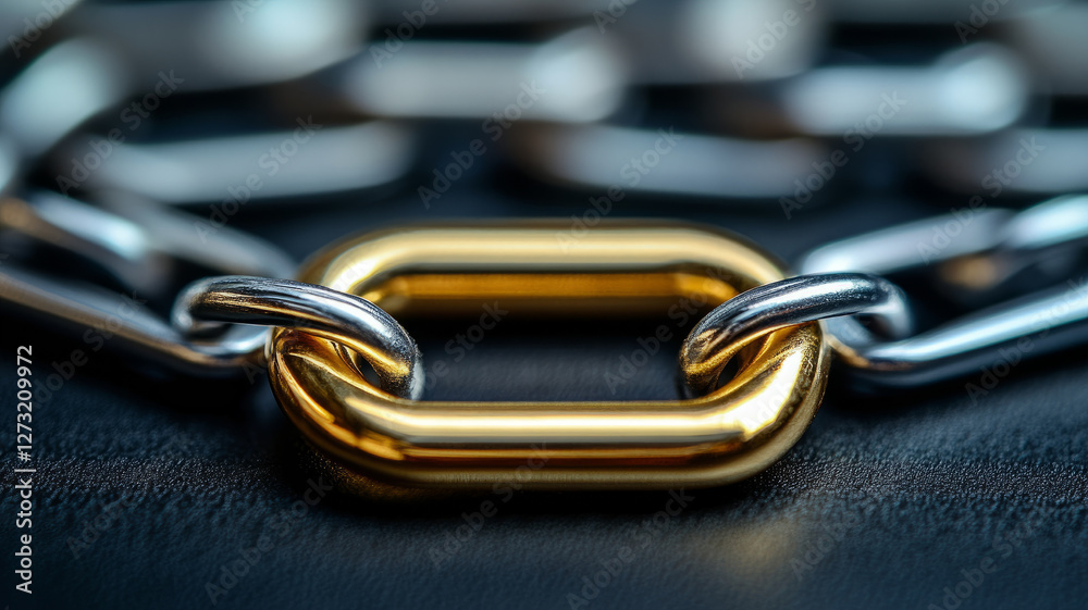 Fototapeta premium Close-up of a gold link in a metal chain on a textured surface.