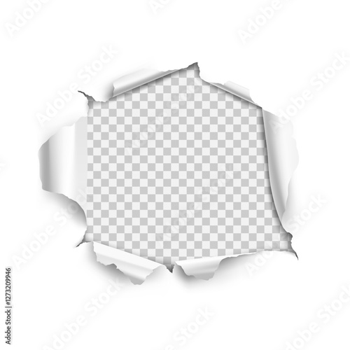 Vector realistic ripped torn hole in the sheet of paper on a transparent background.