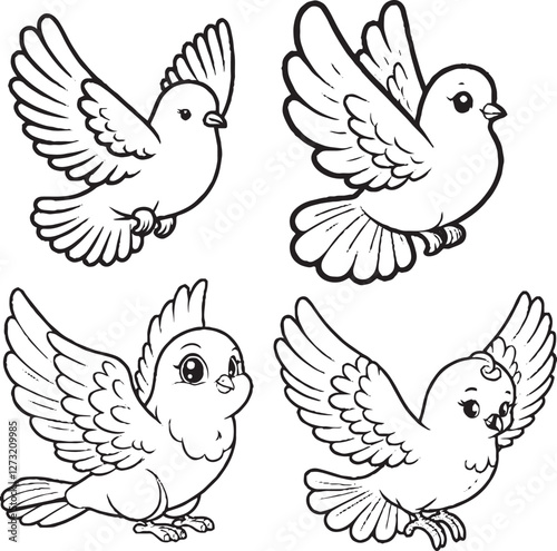 "Charming Dove Illustrations - Black and White Cartoon-Style Pigeons in Different Postures"