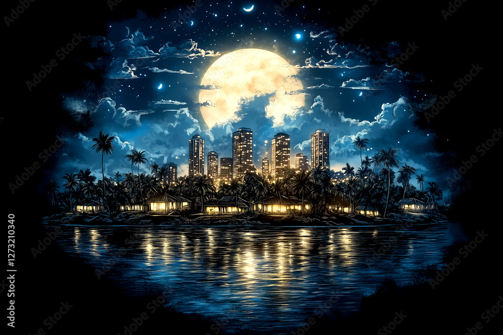 Naklejka premium A city with a large moon in the sky. The moon is reflecting on the water. The city is lit up at night