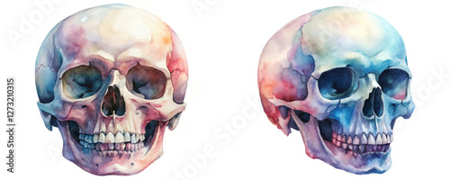 Watercolor skull illustrations, vibrant colors, artistic rendering, anatomical study, educational purpose, creative art, medical illustration.