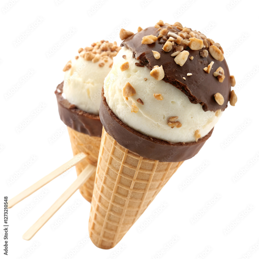 . Ice cream in a glaze of white chocolate and in a glaze of milk chocolate and nuts on wooden sticks. Isolate on white background . Ice cream in a glaze of white chocolate and in a glaze of milk chocolate and nuts on wooden sticks. Isolate on white background