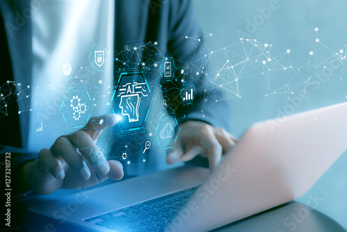 AI agent and generative artificial intelligence. Robotic processes automation and data analysis. Businessman touching head and AI icon on application network