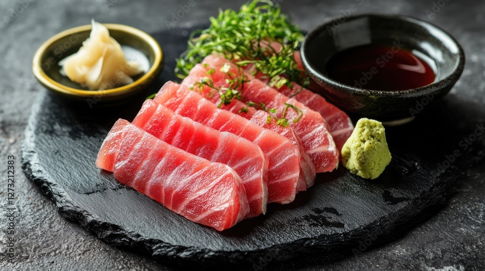 Sashimi: Elegant Red Tuna Slices, Wasabi, Pickled Ginger, Soy Sauce Sashimi: Elegant Red Tuna Slices, Wasabi, Pickled Ginger, Soy Sauce