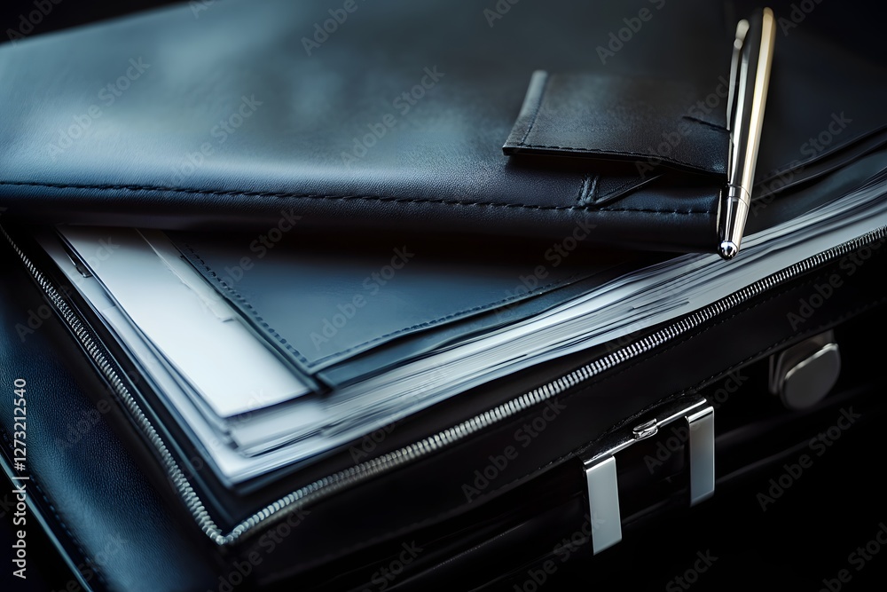Leather Portfolio with Documents and Pen - Business and Organization Leather Portfolio with Documents and Pen - Business and Organization