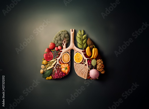 Lungs are creatively formed with fresh fruits and vegetables against a dark backdrop, representing the importance of nutrition for a healthy respiratory system.