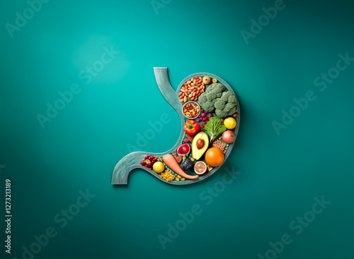 A healthy stomach silhouette filled with nutritious foods like fruits, vegetables, nuts, and grains, promoting digestive wellness and balanced diet.