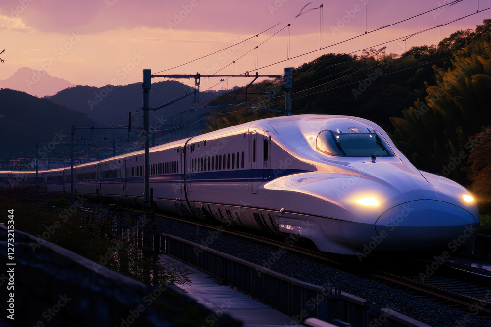 Fototapeta premium A bullet train racing across a countryside, its windows glowing like happy eyes