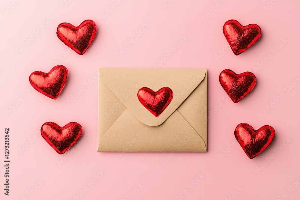 Fototapeta premium Composition with envelope and red hearts on pink background.