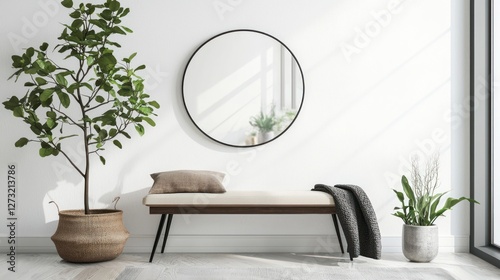 A modern entryway with a chic bench, potted plants, and a round mirror on the wall, against a white background.
