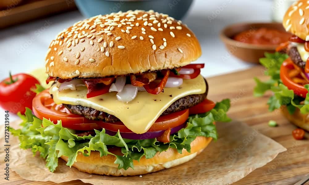 Grilled Cheeseburger on Sesame Bun with Fresh Toppings Grilled Cheeseburger on Sesame Bun with Fresh Toppings