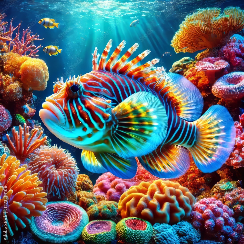 Fototapeta premium Lively Fish A fish swimming in a colorful coral reef looking vib