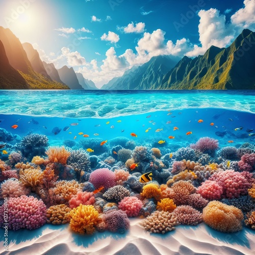 Lively Coral Reef Adjacent to Sandy Beach A transition from colo