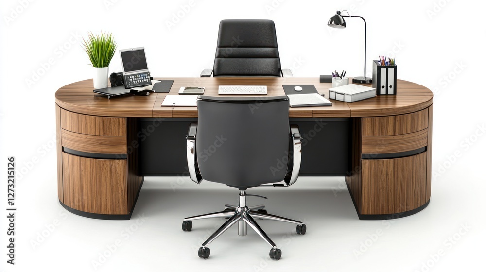 A modern office with a clean desk, ergonomic chair, and stylish desk accessories on a white background. A modern office with a clean desk, ergonomic chair, and stylish desk accessories on a white background.