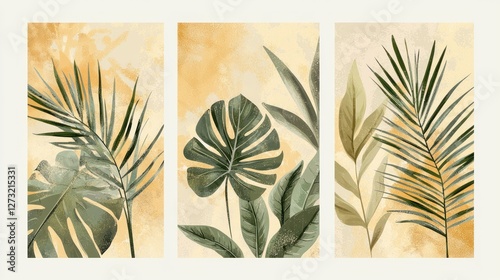 A modern triptych of botanical prints showcasing abstract tropical foliage with monstera leaves and palm fronds in earthy green, beige, and mustard yellow hues, perfect for a boho-inspired space.