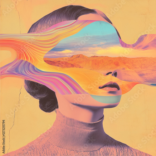 Surreal woman face concept art poster. Surreal nature with girl face. Surrealism fantastic dreaming art digital illustration. AI artwork.