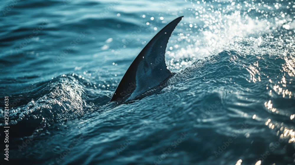 Fototapeta premium Shark Fin in Ocean Waves: Dark Teal Water, Sunlight Glimmer
