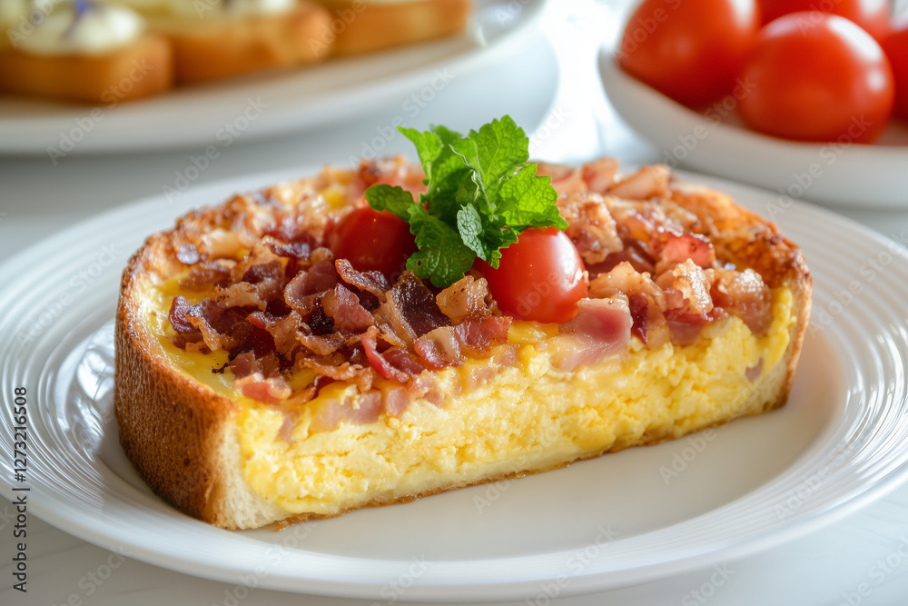 Bacon quiche with tomatoes and parsley on top, halved french meal to reveal perfectly baked pastry Bacon quiche with tomatoes and parsley on top, halved french meal to reveal perfectly baked pastry