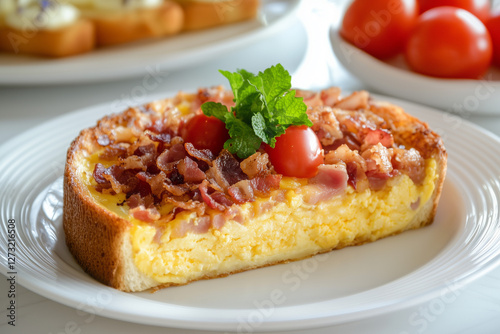 Bacon quiche with tomatoes and parsley on top, halved french meal to reveal perfectly baked pastry photo