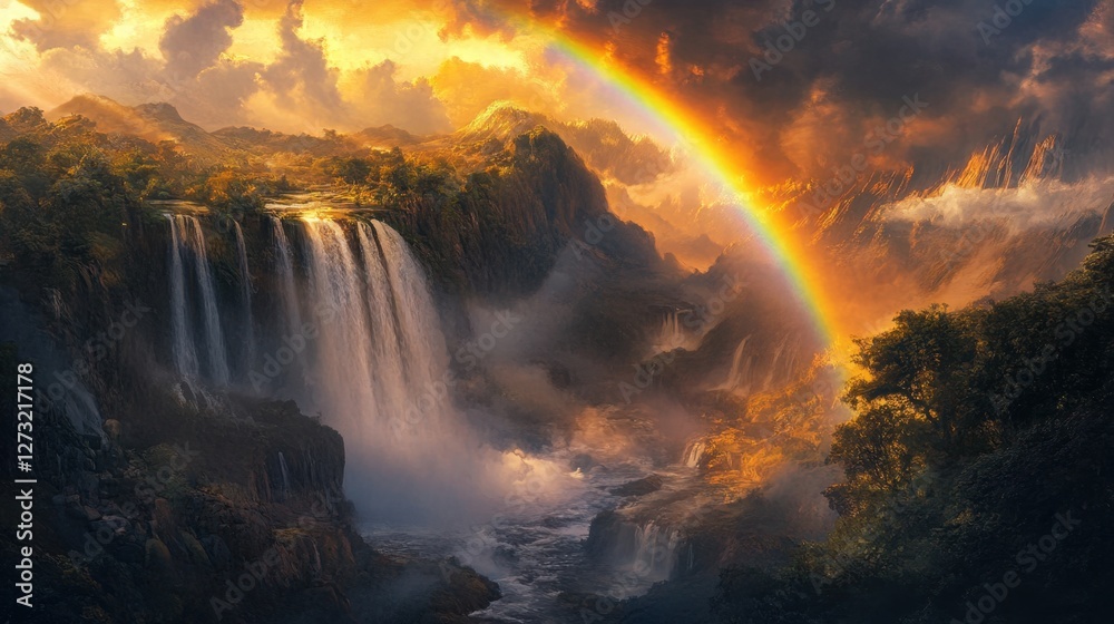 A stunning rainbow arcs above a cascading waterfall, framed by dramatic skies and glowing sunlight after a storm A stunning rainbow arcs above a cascading waterfall, framed by dramatic skies and glowing sunlight after a storm