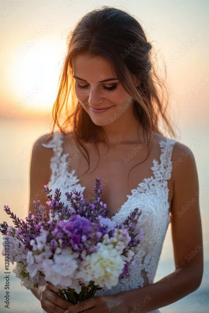 The bride is holding wedding bouquet from lavender and hydrangea and standing on background of the sea and sunset after wedding ceremony The bride is holding wedding bouquet from lavender and hydrangea and standing on background of the sea and sunset after wedding ceremony