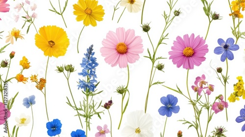 Seamless pattern with colorful wild flowers on white background.