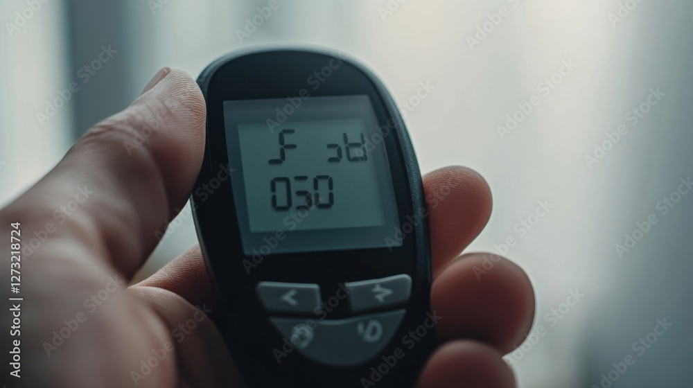 A close-up of a glucose testing meter in use, showing a blood sugar reading. Featuring health management and self-care A close-up of a glucose testing meter in use, showing a blood sugar reading. Featuring health management and self-care