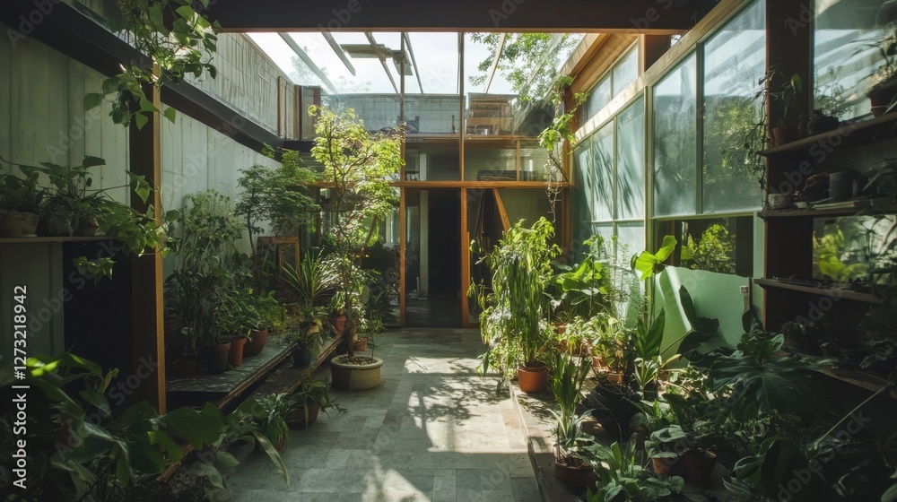 Fototapeta premium A sustainable architecture project in progress, surrounded by plants and natural light, emphasizing environmental harmony