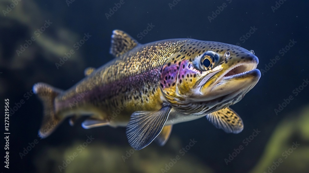 Close-up of a rainbow trout swimming underwater. Close-up of a rainbow trout swimming underwater.