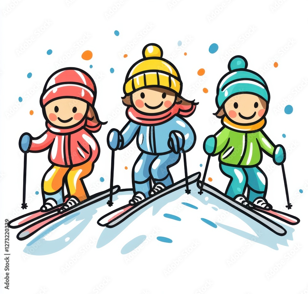 Fototapeta premium Illustration of three skiers gliding down a colorful snowy mountain backdrop