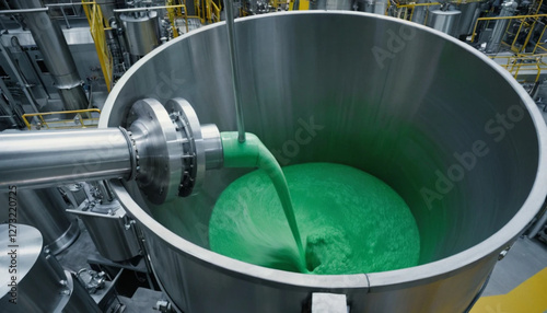 Green Liquid Pouring Into Large Stainless Steel Industrial Mixing Tank