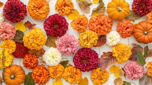 Autumn floral arrangement on white background with pumpkins photo