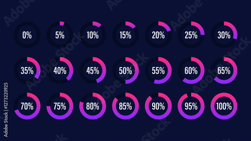 Set of circular sector percentage diagrams from 0 to 100. Set of circular sector percentage diagrams meters from 0 to 100 ready-to-use for web design, user interface UI.