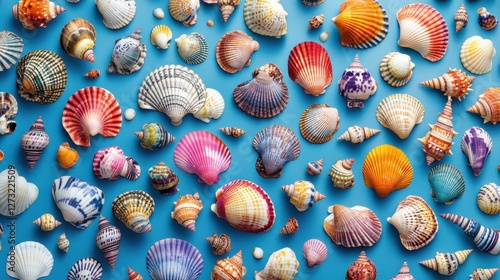A variety of seashells in bold, tropical hues scattered on a vivid blue surface, creating a lively and beachy aesthetic photo