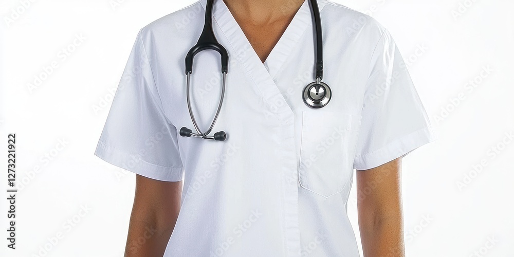 A nurse wearing a crisp white uniform with a stethoscope around the neck, on a white background