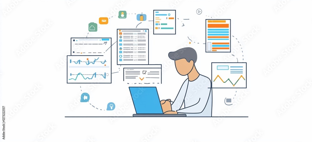 Person working on laptop, surrounded by data charts and graphs, illustrating data analysis and management. Person working on laptop, surrounded by data charts and graphs, illustrating data analysis and management.