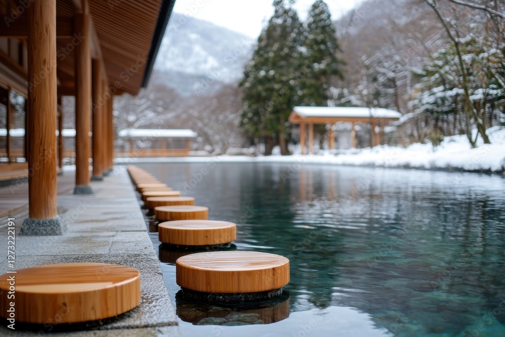 A serene outdoor hot spring surrounded by snowy mountains, featuring wooden stepping stones leading to a tranquil water surface. A serene outdoor hot spring surrounded by snowy mountains, featuring wooden stepping stones leading to a tranquil water surface.