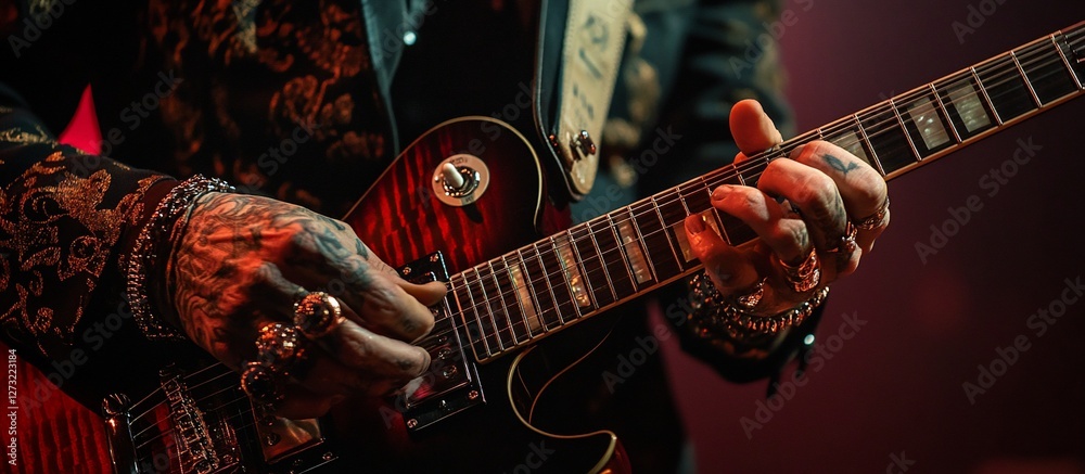 Obraz premium Close-up of tattooed hands playing electric guitar. (1)