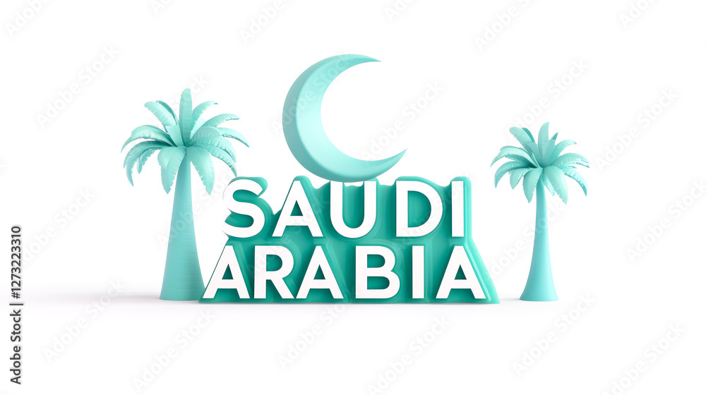 Obraz premium Blue Saudi Arabia text with palm trees and crescent moon on white background, exuding luxury and cultural richness. Concept of heritage, travel, tourism and iconic Middle Eastern identity
