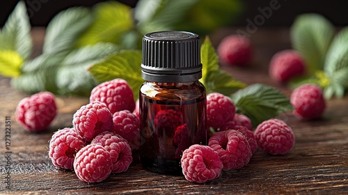 Aromatic raspberry essential oil bottle surrounded by fresh raspberries and leaves