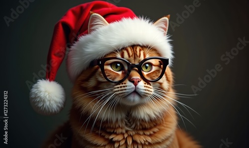 Festive ginger cat wearing glasses and a Santa hat, perfect for holiday-themed marketing, greeting cards, and social media content.