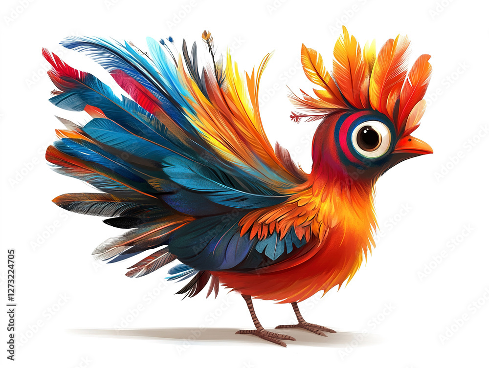 Fototapeta premium Adorable cartoon turkey with a burst of colorful feathers, set on a white backdrop