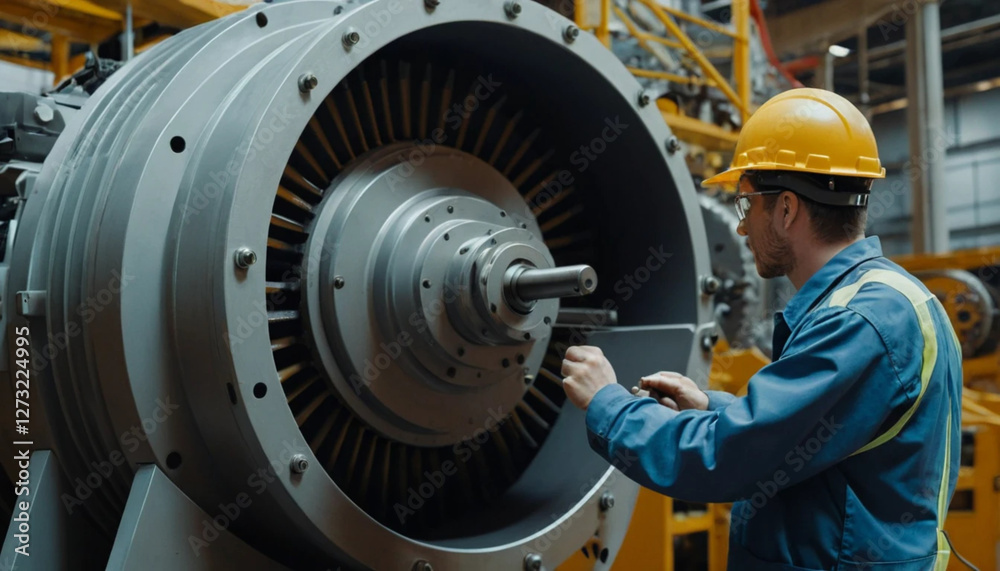 Engineer Inspecting Large Industrial Turbine Wearing Hard Hat and Safety Glasses