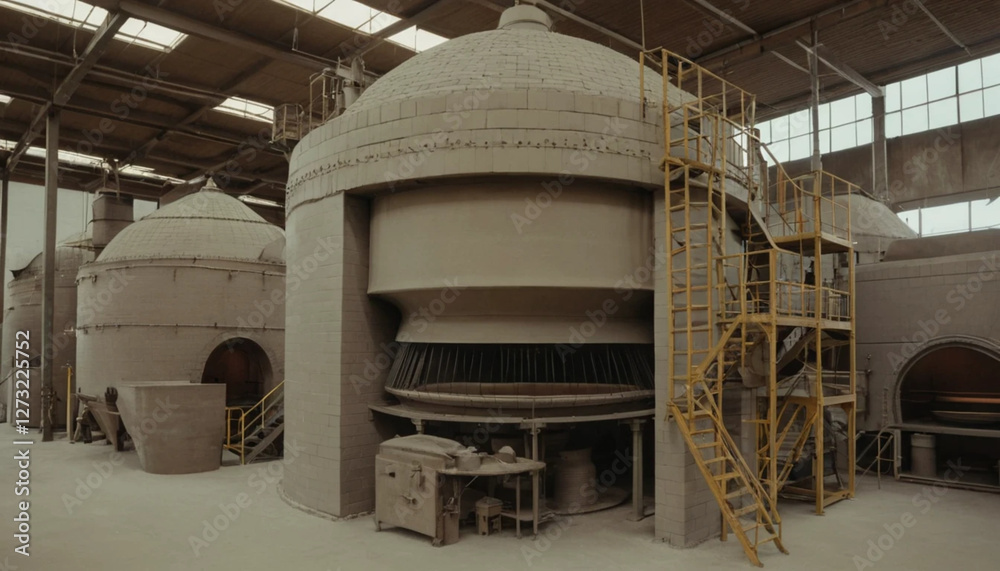 Obraz premium Industrial Manufacturing Plant with Large Kilns and Yellow Metal Staircase