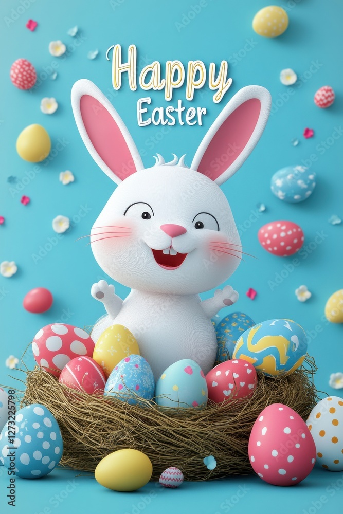 Obraz premium Cheerful Easter bunny with colorful eggs in a joyful holiday setting