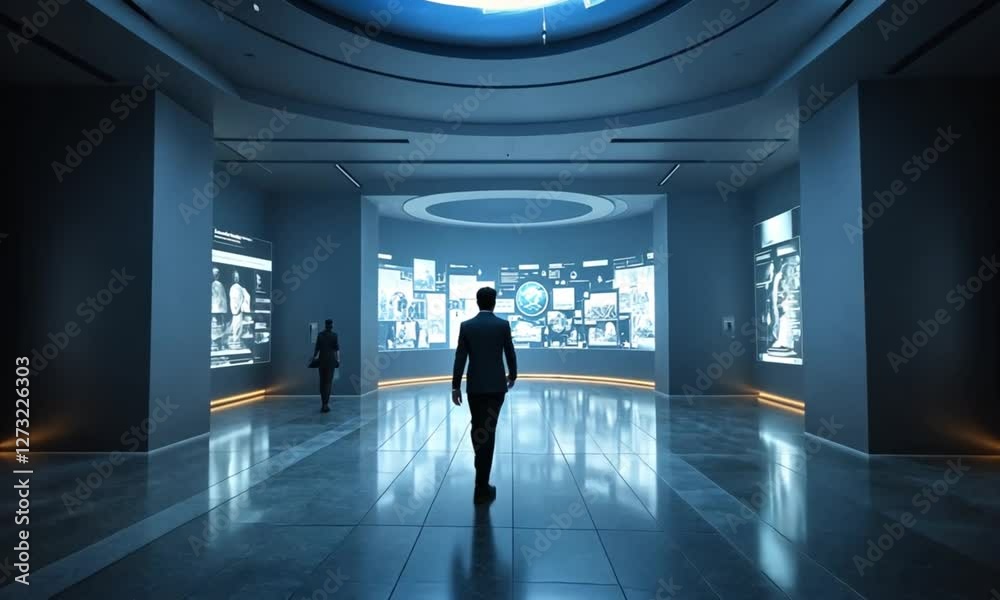 Businessman analyzes data on screens in futuristic office; global network visualization Businessman analyzes data on screens in futuristic office; global network visualization