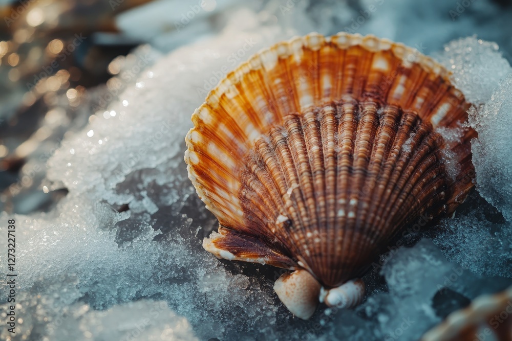 Seashell resting on textured melting ice. Seashell resting on textured melting ice.