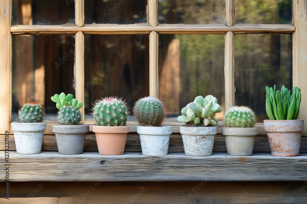 Small potted cacti lined up on a rustic wooden window sill. Generative AI