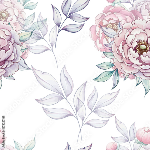 A harmonious arrangement of soft pink peonies and graceful leaves brings beauty to any space, showcasing natures charm in watercolor style seamless pattern, background