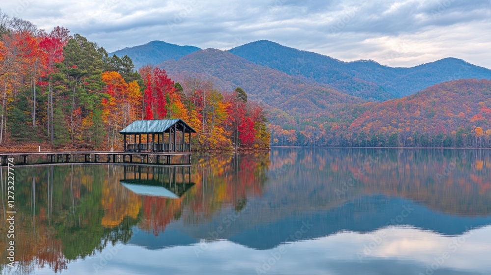 Fototapeta premium Autumn leaves reflect on a calm lake with mountains